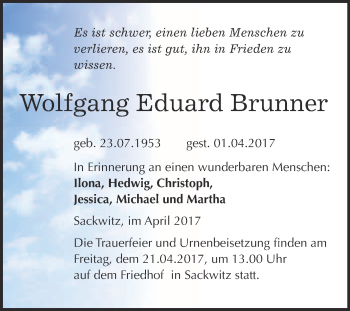 Traueranzeige von Wolfgang Eduard Brunner von WVG - Wochenspiegel Wittenberg