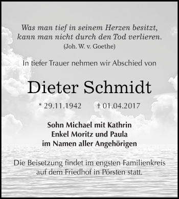 Traueranzeige von Dieter Schmidt von WVG - Wochenspiegel NMB / WSF / ZTZ