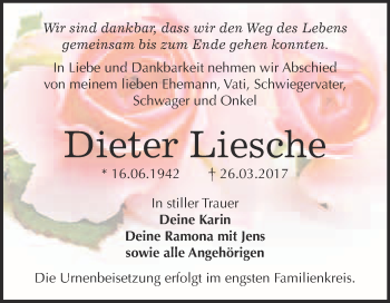 Traueranzeige von Dieter Liesche von WVG - Wochenspiegel Bitterfeld