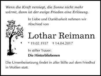 Traueranzeige von Lothar Reimann von Mitteldeutsche Zeitung Bitterfeld