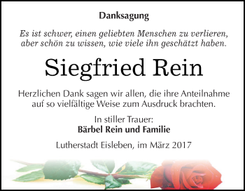 Traueranzeige von Siegfried Rein von Super Sonntag SGH Mansf. Land