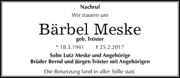Traueranzeige von Bärbel Meske von Mitteldeutsche Zeitung Halle/Saalkreis
