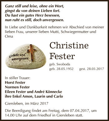 Traueranzeige von Christine Fester von Super Sonntag SGH Mansf. Land