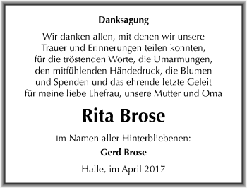 Traueranzeige von Rita Brose von Mitteldeutsche Zeitung Halle/Saalkreis