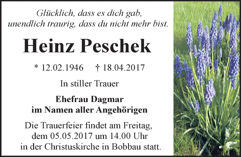  Traueranzeige für Heinz Peschek vom 22.04.2017 aus Mitteldeutsche Zeitung