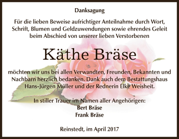 Traueranzeige von Käthe Bräse von Super Sonntag Quedlinburg