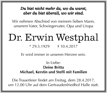 Traueranzeige von Erwin Westphal von Mitteldeutsche Zeitung Halle/Saalkreis