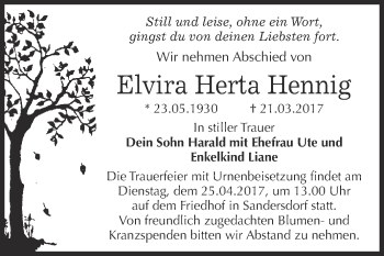 Traueranzeige von Elvira Herta Hennig von WVG - Wochenspiegel Bitterfeld
