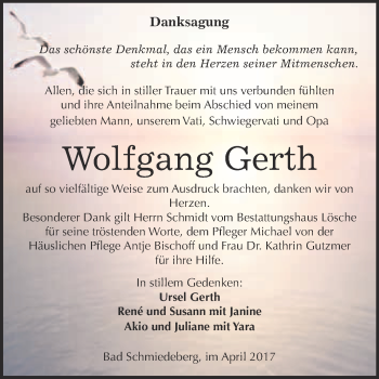 Traueranzeige von Wolfgang Gerth von WVG - Wochenspiegel Wittenberg