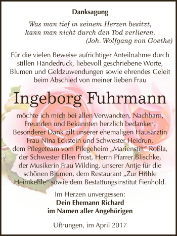 Traueranzeige von Ingeborg Fuhrmann von Super Sonntag SGH Mansf. Land
