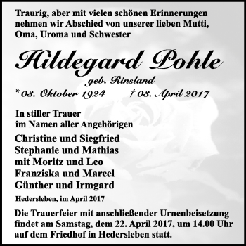 Traueranzeige von Hildegard Pohle von Super Sonntag Quedlinburg