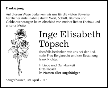 Traueranzeige von Inge Elisabeth Töpsch von Mitteldeutsche Zeitung Sangerhausen