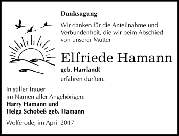 Traueranzeige von Elfriede Hamann von Mitteldeutsche Zeitung Mansfelder Land