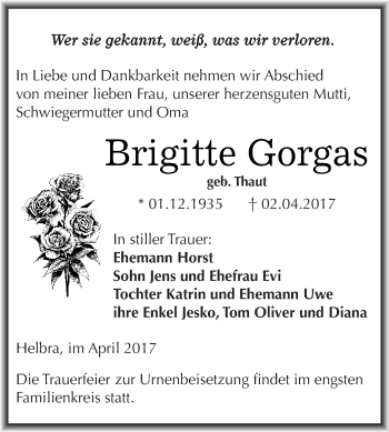 Traueranzeige von Brigitte Gorgas von Wochenspiegel Mansfelder Land