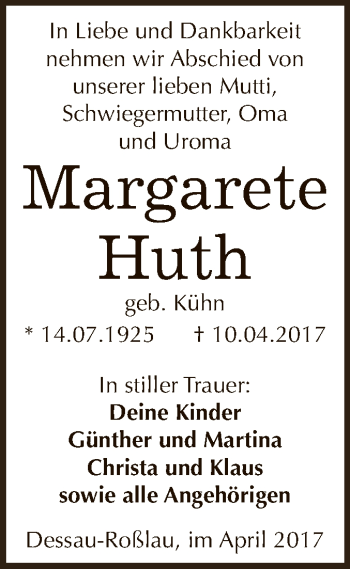 Traueranzeige von Margarete Huth von WVG - Wochenspiegel Dessau / Köthen