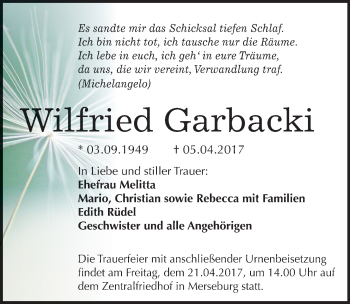 Traueranzeige von Wilfried Garbacki von Mitteldeutsche Zeitung Merseburg/Querfurt