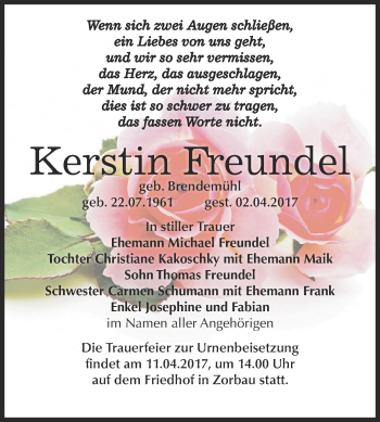 Traueranzeige von Kerstin Freundel von WVG - Wochenspiegel NMB / WSF / ZTZ