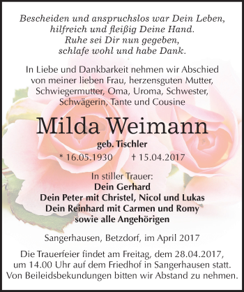 Traueranzeige von Milda Weimann von Mitteldeutsche Zeitung Sangerhausen