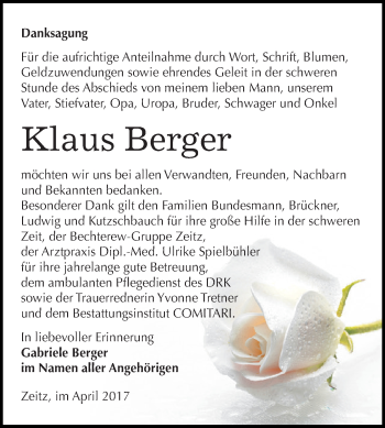 Traueranzeige von Klaus Berger von Super Sonntag Zeitz