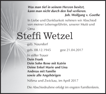Traueranzeige von Steffi Wetzel von Super Sonntag Zeitz