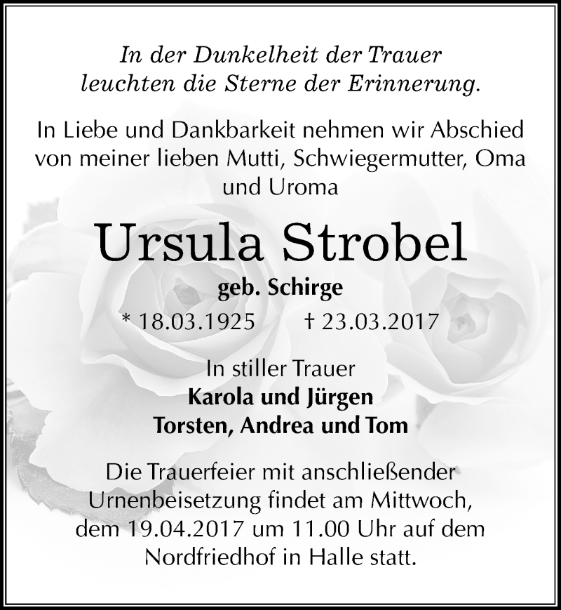  Traueranzeige für Ursula Strobel vom 08.04.2017 aus Mitteldeutsche Zeitung Halle/Saalkreis