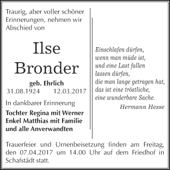 Traueranzeige von Ilse Bronder von Super Sonntag Halle