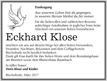 Traueranzeige von Eckhard Klose von Mitteldeutsche Zeitung Mansfelder Land