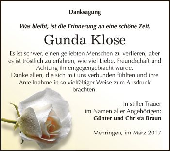 Traueranzeige von Gunda Klose von Super Sonntag SGH Mansf. Land