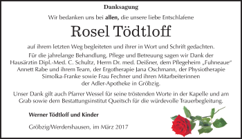 Traueranzeige von Anna Rosel Tödtloff von Mitteldeutsche Zeitung Köthen