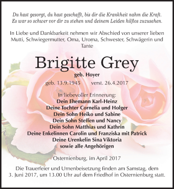 Traueranzeige von Brigitte Grey von Mitteldeutsche Zeitung Köthen