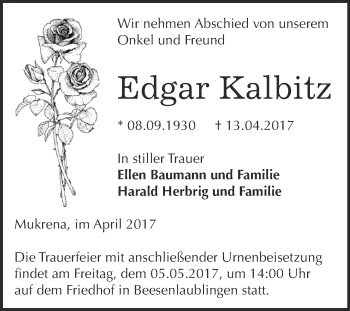 Traueranzeige von Edgar Kalbitz von Super Sonntag Bernburg