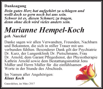 Traueranzeige von Marianne Hempel-Koch von Mitteldeutsche Zeitung Aschersleben