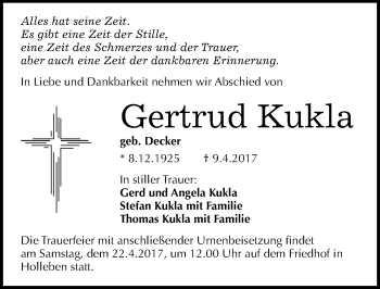 Traueranzeige von Gertrud Kukla von Mitteldeutsche Zeitung Halle/Saalkreis