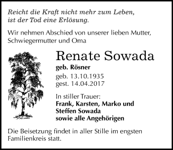 Traueranzeige von Renate Sowada von Mitteldeutsche Zeitung Bitterfeld