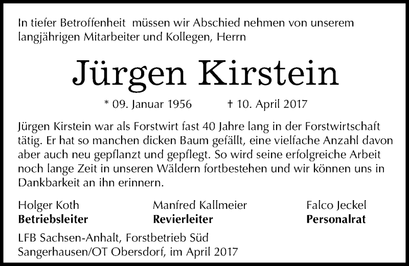  Traueranzeige für Jürgen Kirstein vom 22.04.2017 aus Mitteldeutsche Zeitung