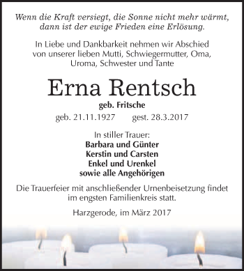 Traueranzeige von Erna Rentsch von Super Sonntag Quedlinburg