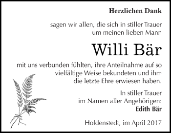 Traueranzeige von Willi Bär von Super Sonntag SGH Mansf. Land