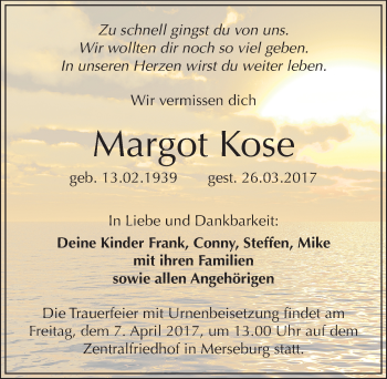 Traueranzeige von Margot Kose von Mitteldeutsche Zeitung Merseburg/Querfurt