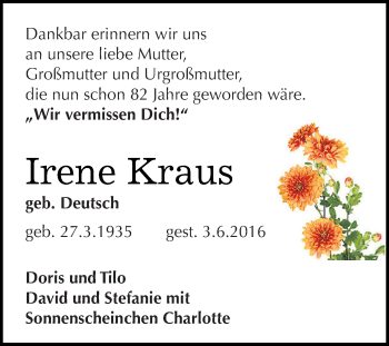 Traueranzeige von Irene Kraus von WVG - Wochenspiegel Dessau / Köthen