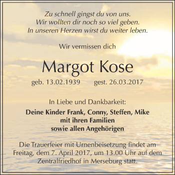 Traueranzeige von Margot Kose von Super Sonntag Halle