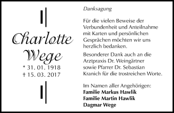 Traueranzeige von Charlotte Wege von Mitteldeutsche Zeitung Halle/Saalkreis