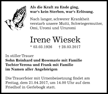 Traueranzeige von Irene Wiesek von Mitteldeutsche Zeitung Bernburg