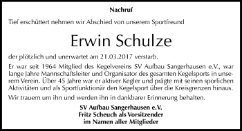 Traueranzeige von Erwin Schulze von Mitteldeutsche Zeitung Sangerhausen
