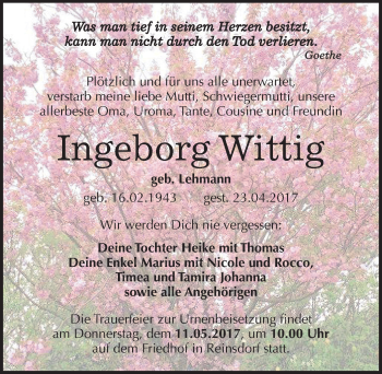 Traueranzeige von Ingeborg Wittig von Mitteldeutsche Zeitung Köthen