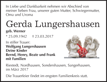 Traueranzeige von Gerda Lungershausen von Mitteldeutsche Zeitung Sangerhausen