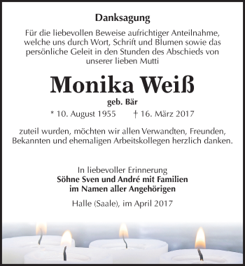 Traueranzeige von Monika Weiß von Mitteldeutsche Zeitung Halle/Saalkreis