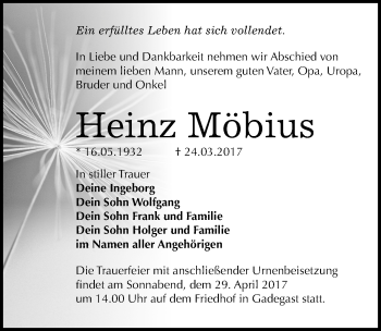Traueranzeige von Heinz Möbius von Mitteldeutsche Zeitung Wittenberg