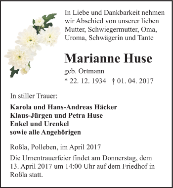 Traueranzeige von Marianne Huse von Mitteldeutsche Zeitung Sangerhausen