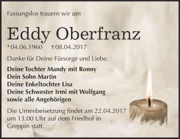 Traueranzeige von Eddy Oberfranz von WVG - Wochenspiegel Bitterfeld
