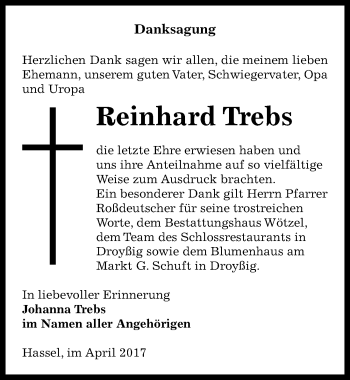 Traueranzeige von Reinhard Trebs von Mitteldeutsche Zeitung Zeitz